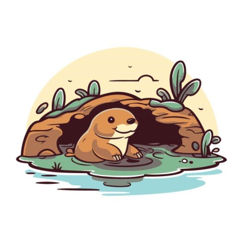 Cute otter in a cave. Vector illustration for your design