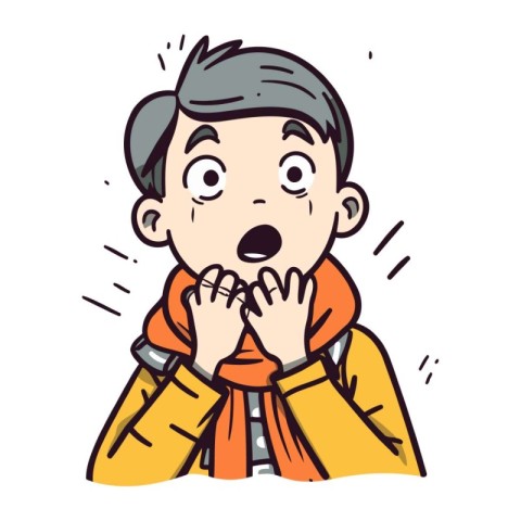 Surprised man in yellow coat and scarf. Vector illustration.