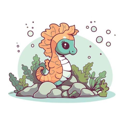 Cute cartoon seahorse on the rock. Vector illustration.