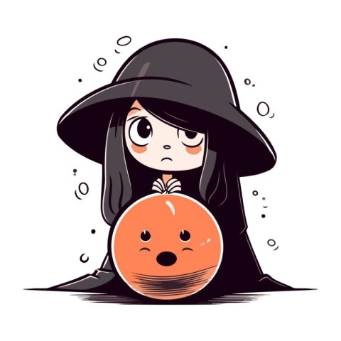 Cute girl in a witch costume with a magic ball. Vector illustrat