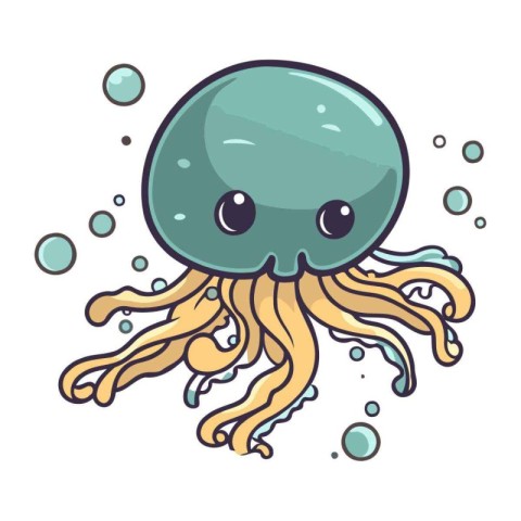 Cute cartoon octopus with tentacles and bubbles. Vector illustra