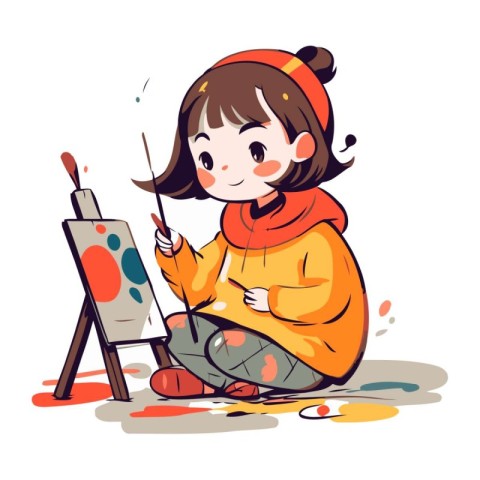 Illustration of a little girl painting a picture. Vector illustr