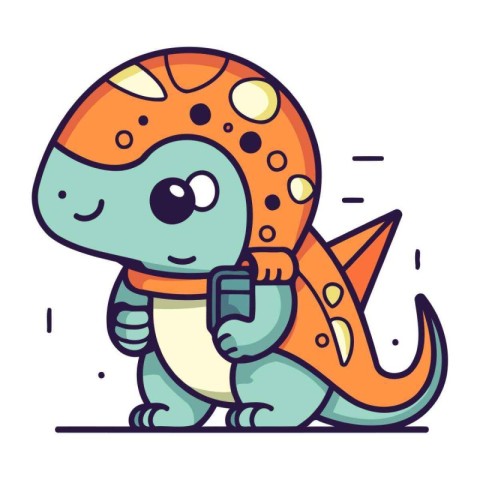 Cute little dinosaur with smartphone. Vector illustration in fla