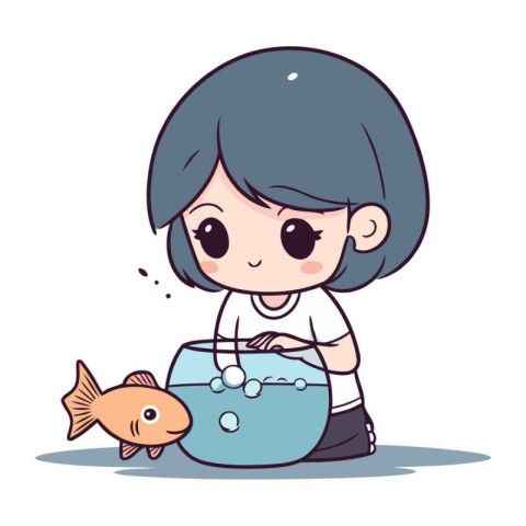 Cute little girl playing with fish in aquarium. Vector illustrat