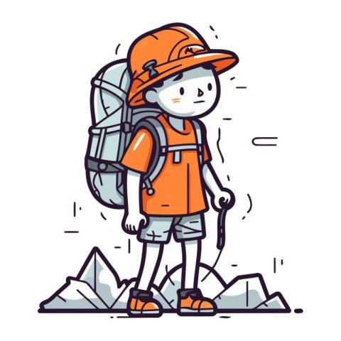 Boy with backpack and hiking equipment. Vector illustration in d