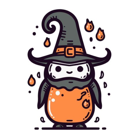 Cute cartoon penguin in a witch hat. Vector illustration.