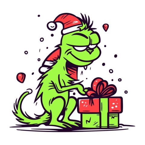 Cute cartoon iguana in Santa hat with gift box. Vector illustrat