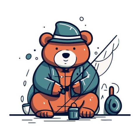 Cute cartoon bear sitting on the ground and fishing. Vector illu