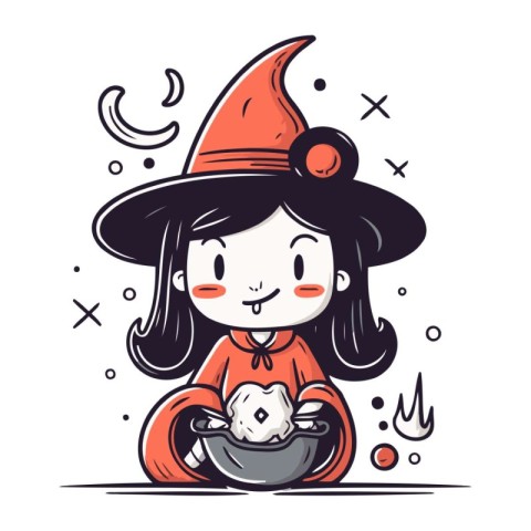 Cute witch with a pot of magic potion. Vector illustration.