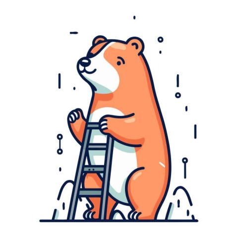 Cute cartoon bear stands on a ladder. Vector illustration in the