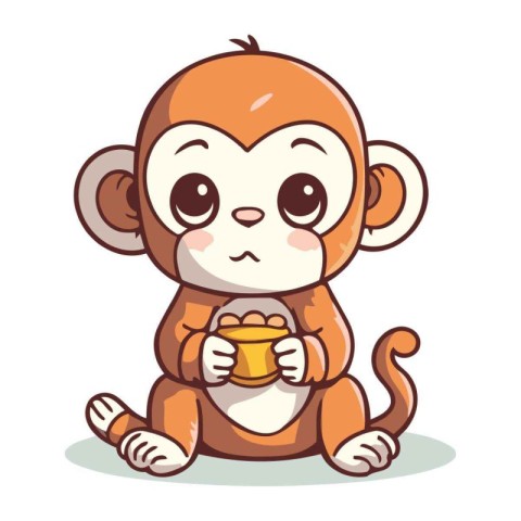 Cute cartoon monkey holding a cup of coffee. Vector illustration