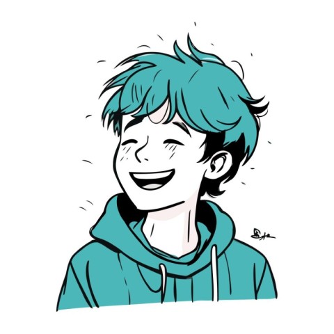 Vector illustration of a smiling boy with blue hair in a blue ho