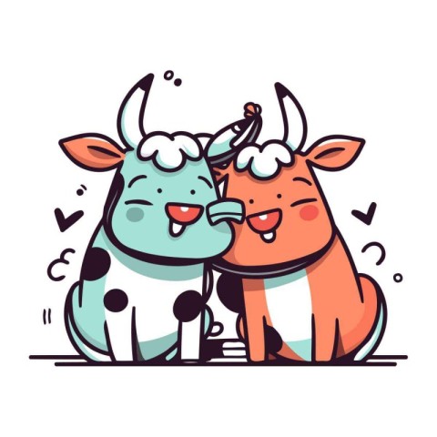 Cute cartoon cow and calf doodle. Vector illustration.