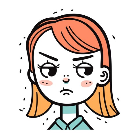 Angry Girl Face Expression Vector Illustration. Cute Cartoon Gir