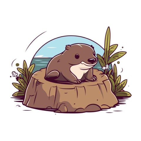 Cute otter sitting on a rock by the sea. Vector illustration.