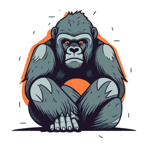 Vector illustration of a gorilla sitting on the ground and looki