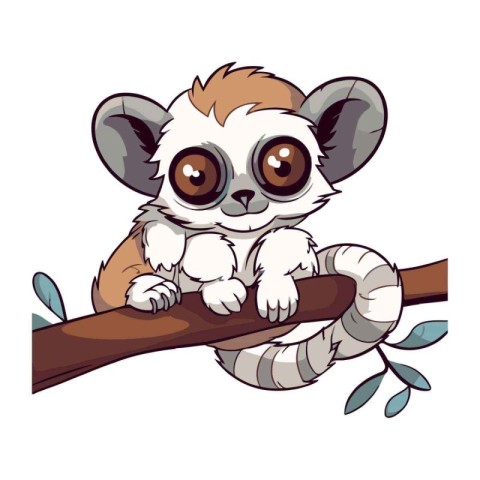 Cute little lemur sitting on a branch. Vector illustration.