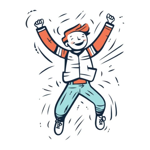 Cheerful boy jumping with hands up. Vector hand drawn illustrati