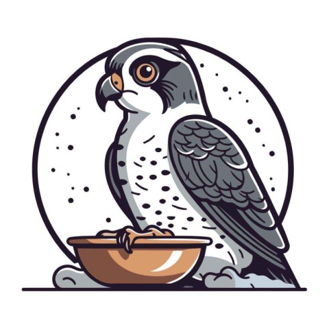 Peregrine falcon and bowl of food. Vector illustration.