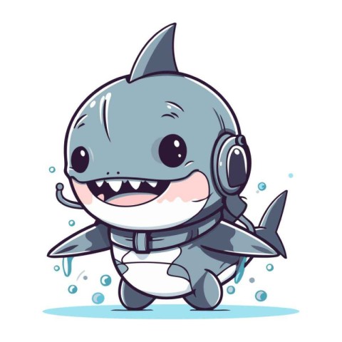 Cute cartoon shark with headphones on white background. Vector i