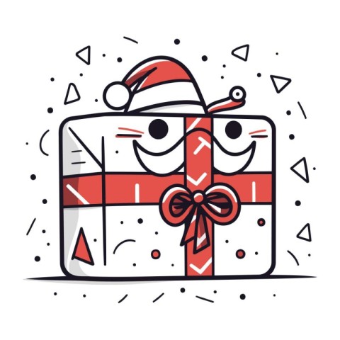 Cute Christmas gift box with santa hat. Vector illustration.