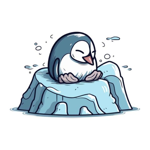 Cute penguin sitting on ice. Vector illustration isolated on whi