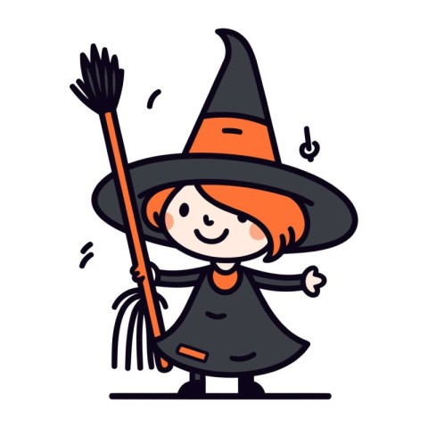 Cute little girl in witch costume with broom. Vector illustratio