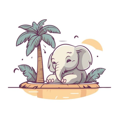 Vector illustration of cute cartoon elephant sitting on island w