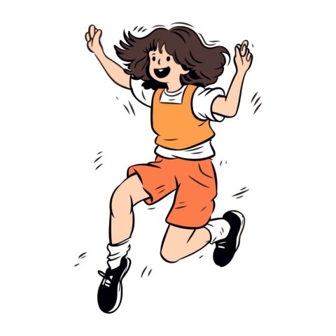 Illustration of a happy young woman jumping in joy. Vector illus