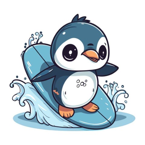 Cute penguin riding a surfboard. Vector illustration in cartoon