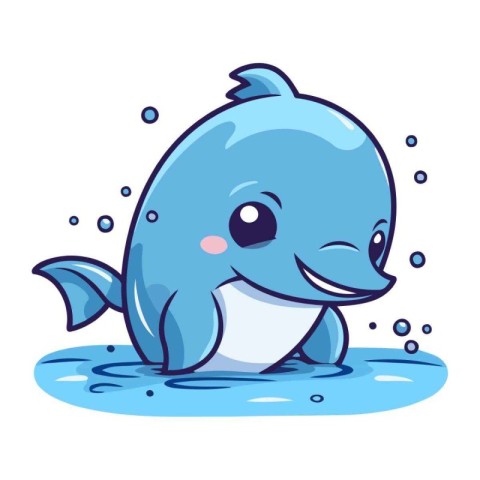 Cute cartoon blue whale swimming in the water. Vector illustrati