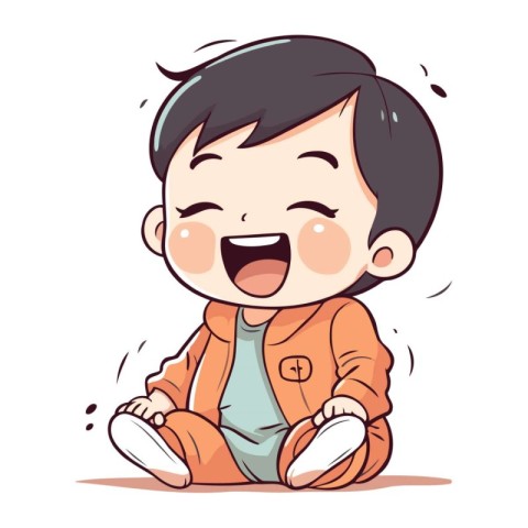 Cute little boy laughing and sitting on floor. Vector illustrati