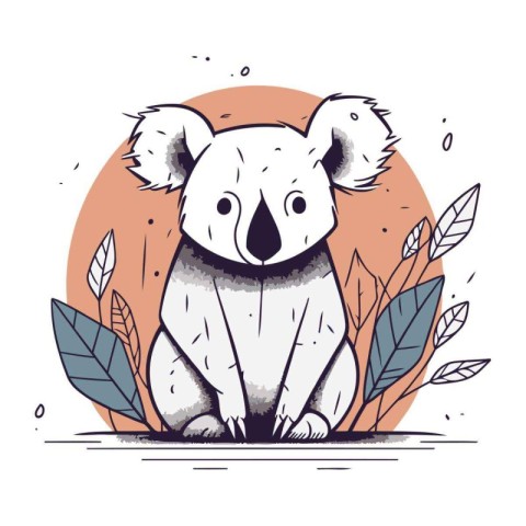 Cute koala sitting on the ground with leaves. Vector illustratio