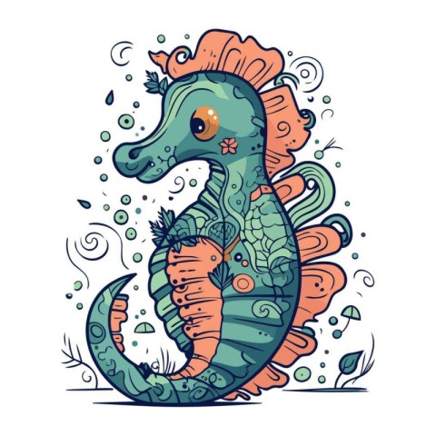 Vector illustration of cute cartoon seahorse with carrot in dood