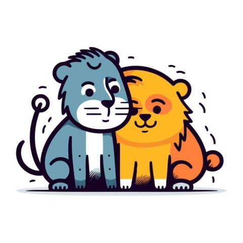 Lion and lioness. Cute cartoon animal character. Vector illustra