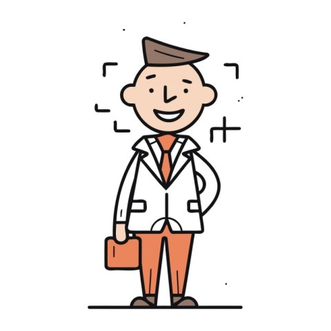 Smiling doctor with briefcase. Vector illustration in linear sty