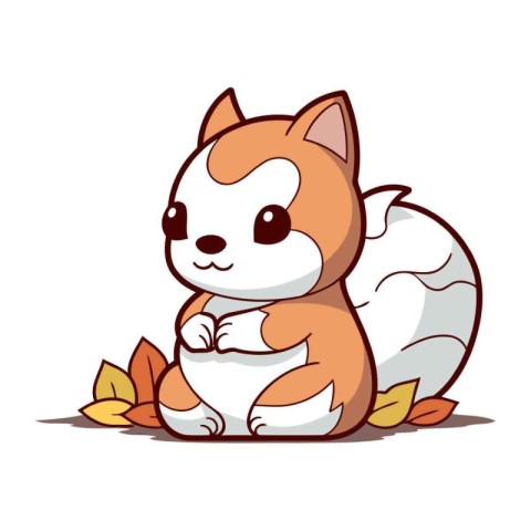 Cute cartoon squirrel sitting on the ground with autumn leaves.