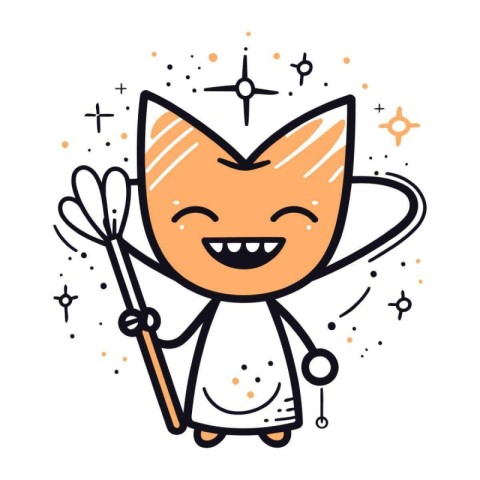 Cute cat with magic wand. Vector illustration in line style.