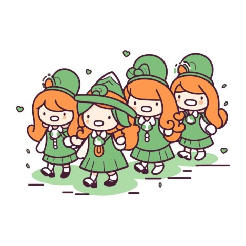 Cute little girls in leprechaun costume. Vector illustration.