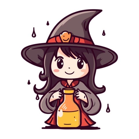 Cute little witch with bottle of potion. Vector illustration in