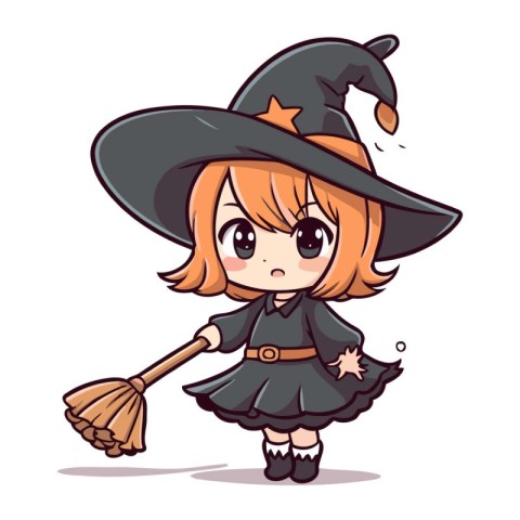 Cute little witch girl with a broomstick. Vector illustration.