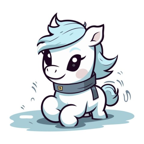 Cute cartoon white pony with blue mane. Vector illustration.