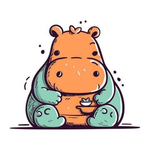 Cute hippopotamus sitting and drinking coffee. Vector illustrati