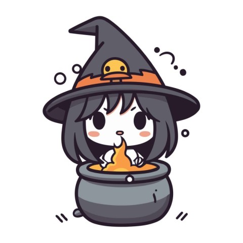 Cute witch girl with a pot of potion. Vector illustration.