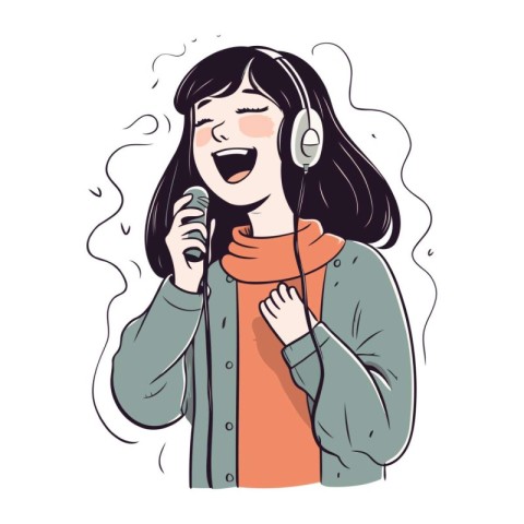 Vector illustration of a girl singing into a microphone. Girl wi