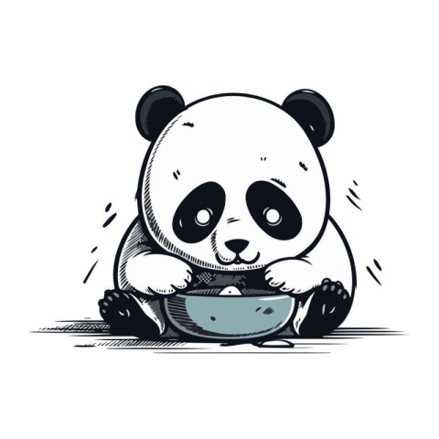 Cute panda eating from a bowl. Hand drawn vector illustration.