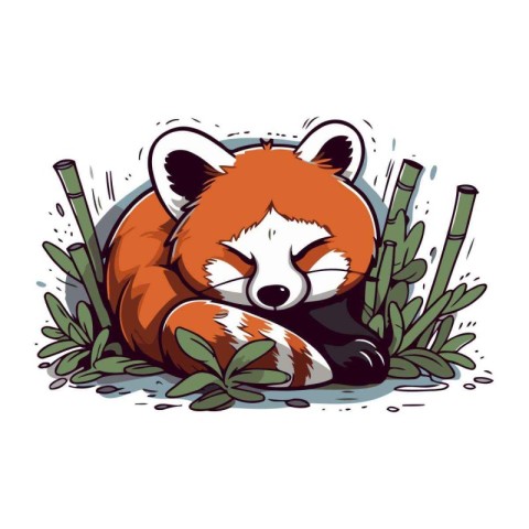 Cute red panda sleeping on bamboo leaves. Vector illustration.