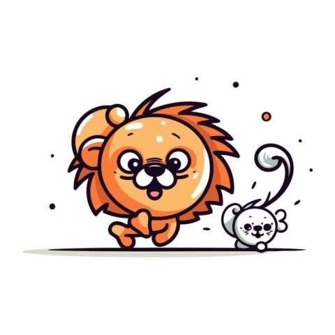 Cute cartoon lion with mouse. Vector illustration on white backg