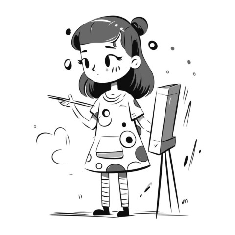 Illustration of a Cute Little Girl Painting on the Easel