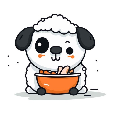 Sheep with bowl of food. Cute cartoon character vector illustrat